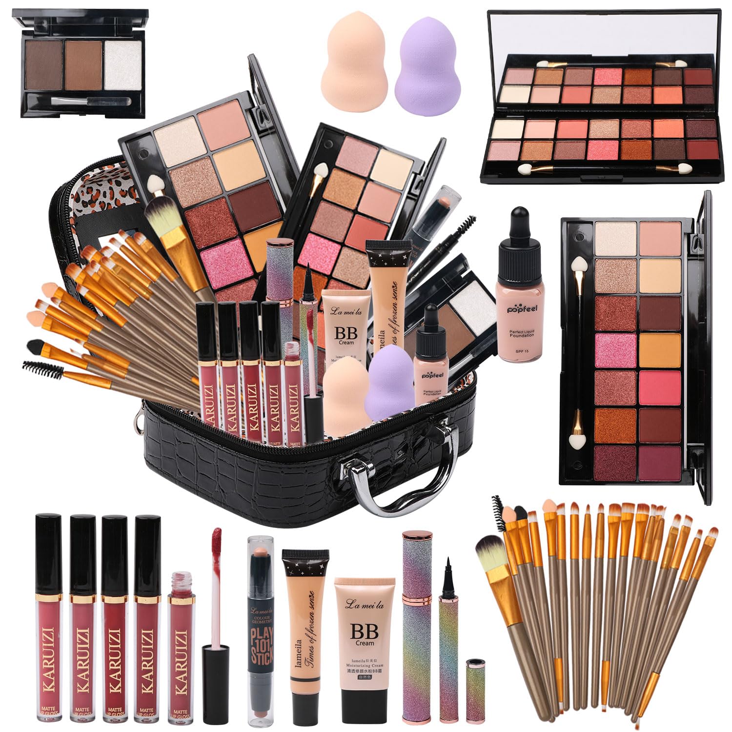 All in One Makeup Kit for Makeup storage bag 2X14 Colors Eyeshadow Palette Liquid Foundation Eyeliner Pencils Contouring Stick Lip Gloss 20Pcs Make up Brushes For Women Girls Teens (Black) Brand: MTDXILTAI
